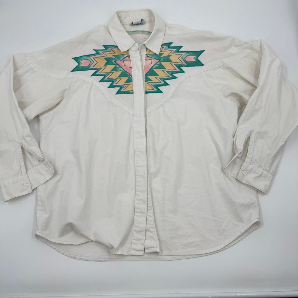 Wrangler Western Shirt Womens XL Cream Wolf Graphic Southwestern Painted Look